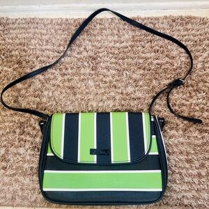 Vera Bradley Lucky Stripe Flap Crossbody bag in navy, green, and white